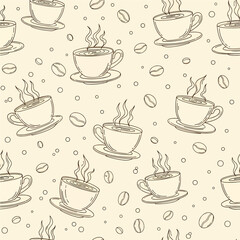 A cozy, hand-drawn seamless pattern features detailed line art of steaming coffee cups and beans, rendered in brown ink on a light cream background. Vector Patterns