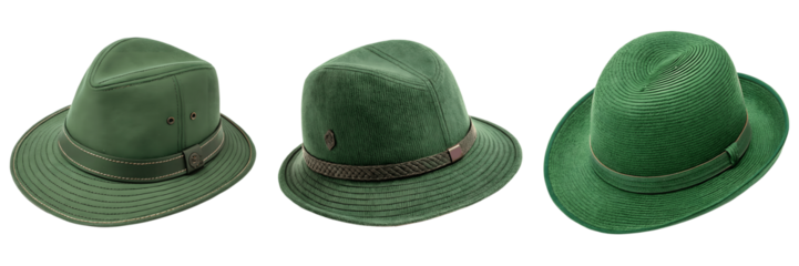 Set For Three green hats in different styles isolated on transparent background