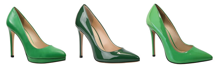 Set For Three green high heel shoes isolated on transparent background