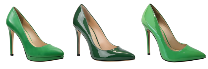 Set For Three green high heel shoes isolated on transparent background