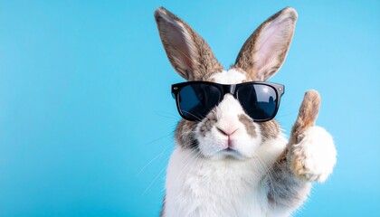 Funny easter animal pet - Easter bunny rabbit with sunglasses, giving thumb up, isolated on blue background