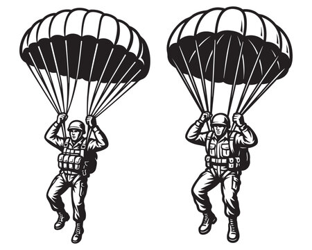 military Paratroopers Jumping with Parachute