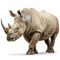 Fototapeta premium A rhinoceros is posing in a straightforward manner, isolated on a white background.