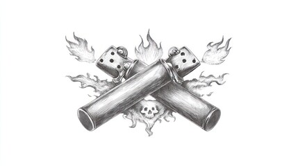 Two crossed lighters, flames and skulls