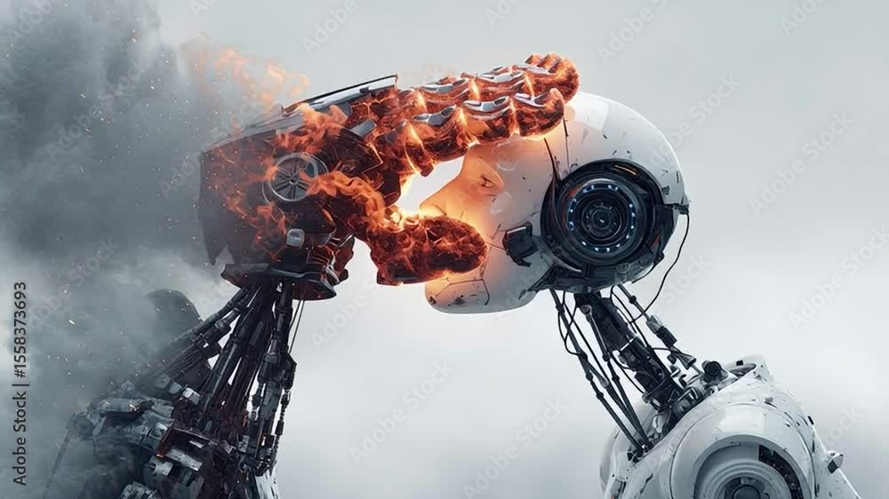 Poster fiery robot clashes with calm android in a surreal scene