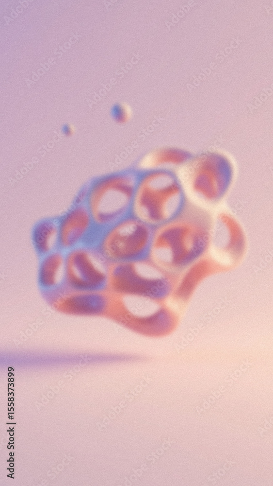 Poster abstract blurred image showcasing a geometric form with holes and two small spheres all in a soft pa