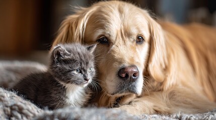Adorable golden retriever puppy and fluffy kitten sitting close together on cozy blanket in soft natural light, showcasing peaceful animal friendship and gentle pet companionship in a calm, serene ind