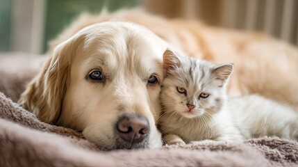 Adorable golden retriever puppy and fluffy kitten sitting close together on cozy blanket in soft natural light, showcasing peaceful animal friendship and gentle pet companionship in a calm, serene ind
