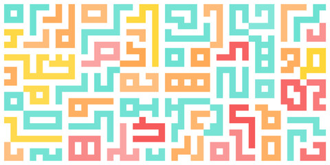 Abstract maze pattern with colorful geometric blocks. Playful, modern, and vibrant design perfect for backgrounds, textiles, or digital decoration.