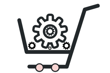 E commerce optimization icon with shopping cart and gears, symbolizing efficient shopping, system improvement, and automation in online store icon