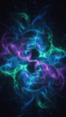 An abstract blurred pattern of light purple light blue and light green smoke like shapes against a dark background