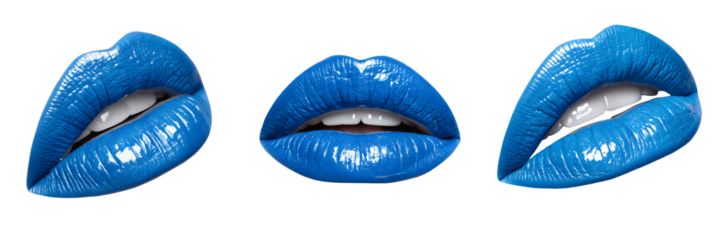 Set For Three views of glossy blue lips isolated on transparent background