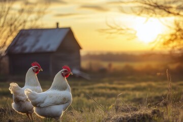 White chickens roam in a sunlit meadow near a rustic barn at sunset
