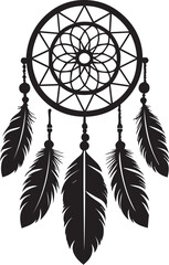 Minimal black silhouette of dreamcatcher with feathers in flat vector style, spiritual object icon for protection, Native American culture, tradition, mystic design, folklore, and peaceful sleep