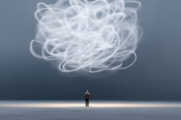Alone man stands under a massive glowing scribble cloud in the sky, visualizing mental confusion, chaos, or creative storm. Surreal digital art representing emotional overwhelm.