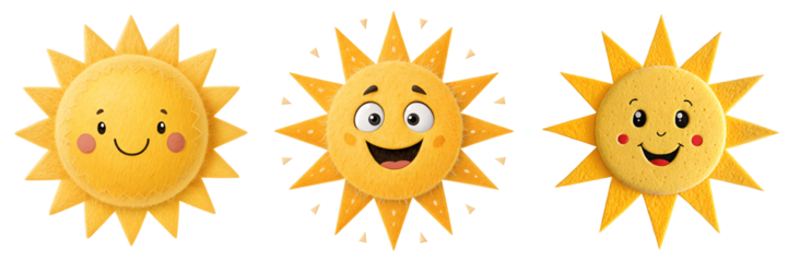 Set For Three cute cartoon suns with happy faces isolated on transparent background