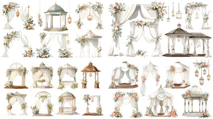 Elegant watercolor wedding arch and gazebo clipart set with floral drapes, lanterns, and vintage wood, ideal for ceremony planning, invites, or event branding.

