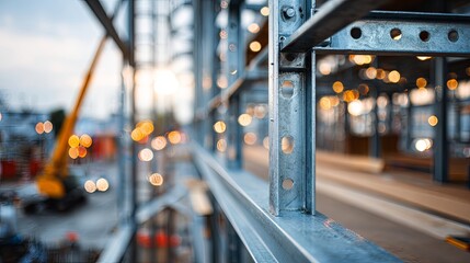 Close-up architectural detail of industrial steel frame structure under construction with natural lighting, showcasing modern engineering, metal beams, and structural geometry in progress


