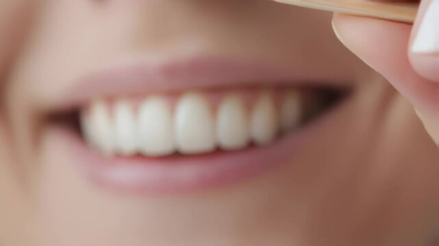 Dental professional cleaning between teeth with interdental pick, highlighting careful oral hygiene and sparkling white dental health