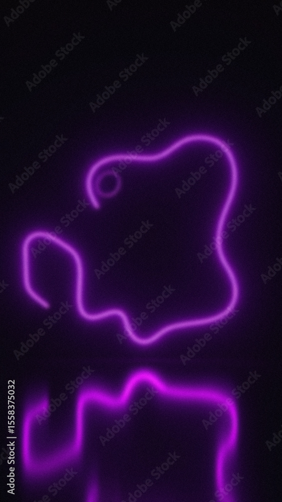 Poster illuminated purple neon line creating abstract shapes on dark surface reflected below