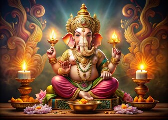 Lord Ganesh, seated gracefully on a lotus pedestal.