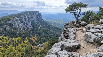 Obraz premium Panoramic view of a rocky mountain cliff with a solitary tree, overlooking a lush valley and distant mountains under a cloudy sky. A narrow path winds along the cliff edge