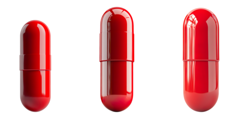 Collection of red capsule pills, isolated on a transparent background