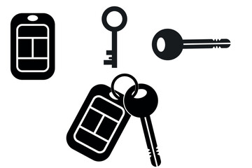 Key and keychain icon set illustration, simple black icon of a key symbol, representing security, protection, and access, isolated on white icon