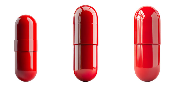 Collection of red capsule pills, isolated on a transparent background