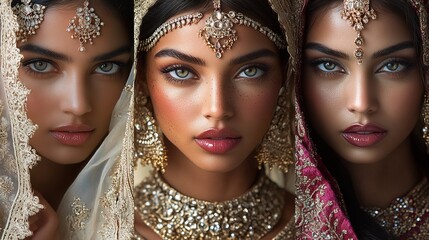 A South Asian bride in detailed jewelry, rich traditional makeup look 