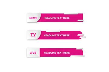 set of pink banners template for TV news channel on transparent