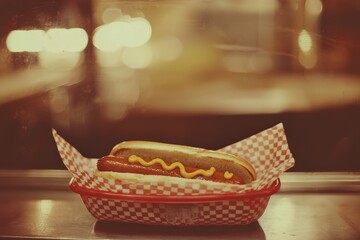 Fototapeta premium Hot Dog In Retro Diner Setting With Warm Lighting And Checkered Paper In Nostalgic Postcard Style. Evokes Classic American Fast Food Memories