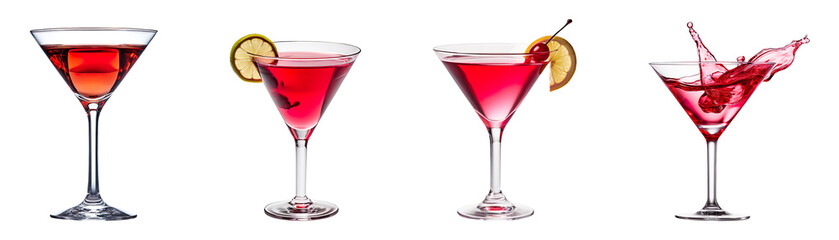 Collection of red cocktails in martini glasses, isolated on a transparent background