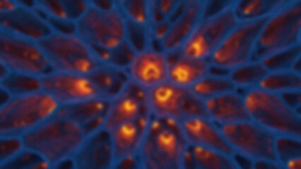 Abstract blurred cellular pattern featuring orange shapes enclosed by a blue network
