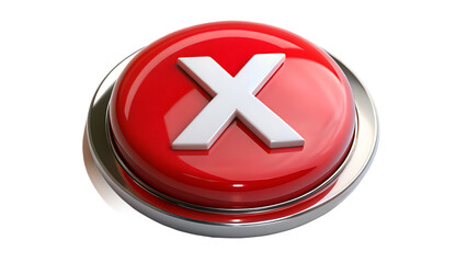 Obraz premium A close-up 3D render of a red circular button with a large white 'X' in the center isolated on white and transparent background