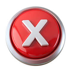 Fototapeta premium A close-up 3D render of a red circular button with a large white 'X' in the center isolated on white and transparent background