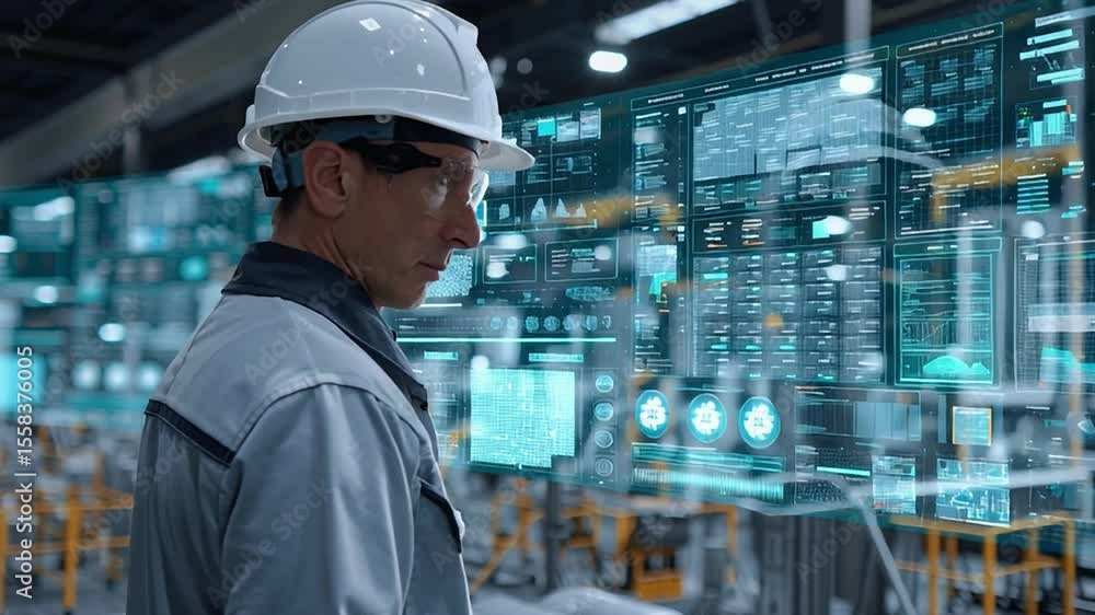 Poster engineer monitors advanced data control system in modern facility