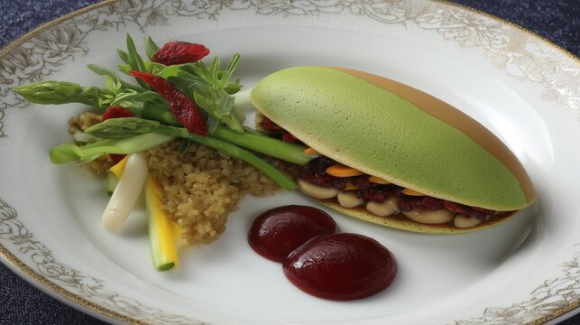 Dorayaki salado de matcha con relleno de legumbres y verduras en emplatado gourmet, Alta cocina fusi&oacute;n: dorayaki de matcha con guarnici&oacute;n de esp&aacute;rragos y cereal perlado