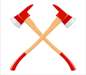 Crossed firefighter axes isolated on white background. Realistic 3d vector illustration. Red Hatchets. Fire axes firefighter rescue equipment. Metal woodcutter with handle made of wood.