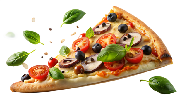 a delicious pizza slice with mushrooms, tomatoes, olives, cheese, and basil leaves floating in the air isolated on white and transparent background