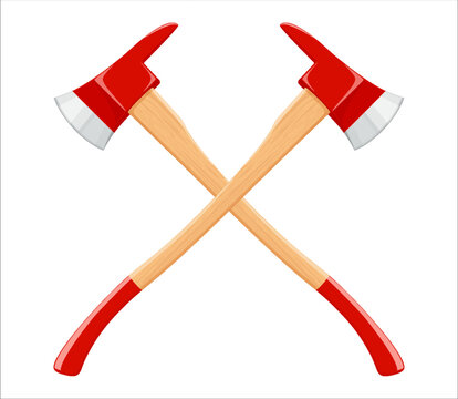 Crossed firefighter axes isolated on white background. Realistic 3d vector illustration. Red Hatchets. Fire axes firefighter rescue equipment. Metal woodcutter with handle made of wood.