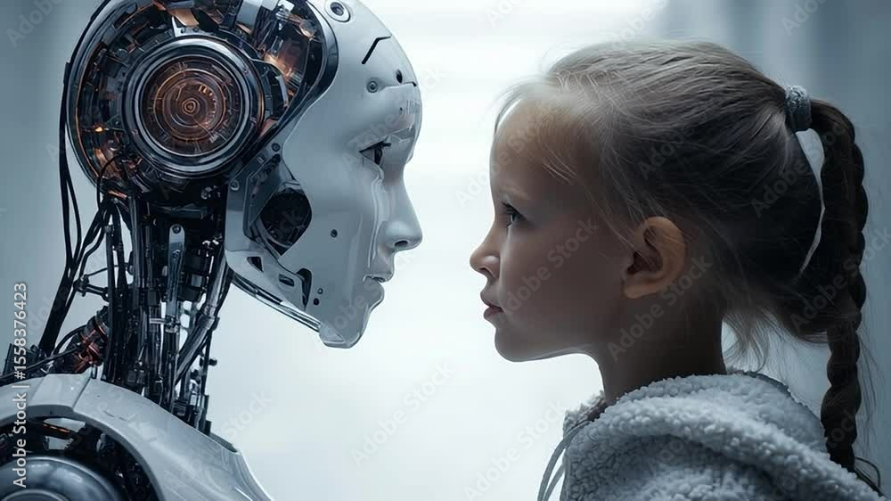 Poster exploring connection between a robot and a child in a futuristic setting