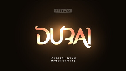Golden glossy alphabet, glowing luxury font, premium typographic symbols for exotic branding logo, elegant Dubai lettering title design, Arabic fashion headline typographic design. Vector typeset