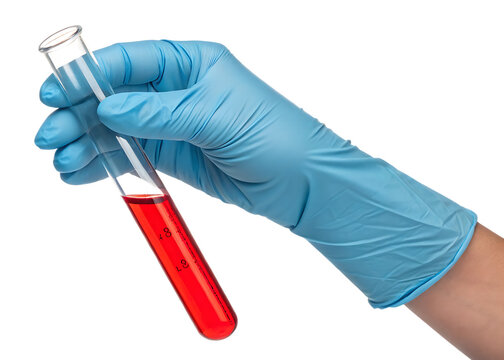 A gloved hand holds a test tube with a red liquid sample, isolated on transparent background