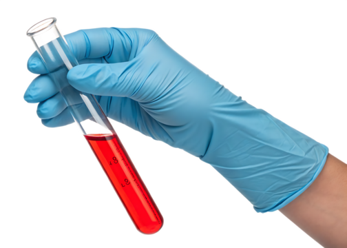 A gloved hand holds a test tube with a red liquid sample, isolated on transparent background