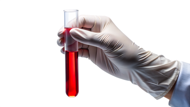 A gloved hand holds a test tube with a red liquid sample, isolated on transparent background
