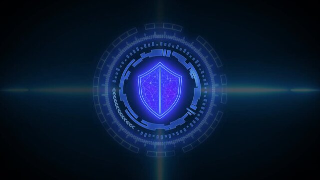 Digital system dashboard displays identity verification, system scan, and security monitoring interface with user ID, biometric check, and alert signal visualization.