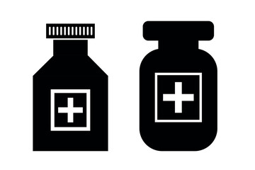 Medication bottle and pill icon with medical cross symbol, healthcare and pharmaceutical industry concept, drug bottle design icon