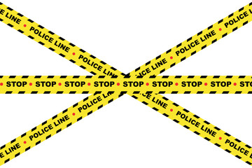 Police line and warning tape with stop, danger, and caution symbols, security barrier and cautionary measures icon