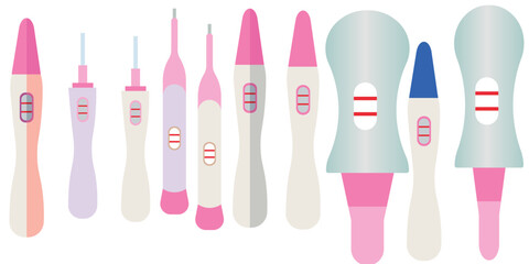 Set of pregnancy test kits showing different types, including digital and stick tests, fertility and family planning icon